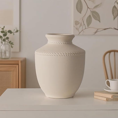 Farmhouse Ceramic Vase for Living Room Bedroom White 7.45'' Flower Bouquet Vase for Fake Plant Home Decor Office Fireplace Centerpieces Rustic Retro Vintage Modern Gift Decoration