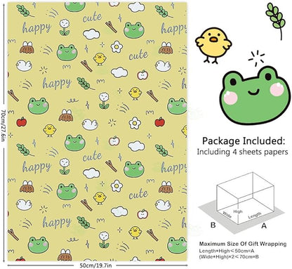 Geluode Frog Wrapping Paper for Kids Boys Girls, 4 Folded Sheets Cute Frogs Chick Daisy Flower Apple Design Yellow Wrapping Paper for Birthday Baby Shower - 20x28 Inches
