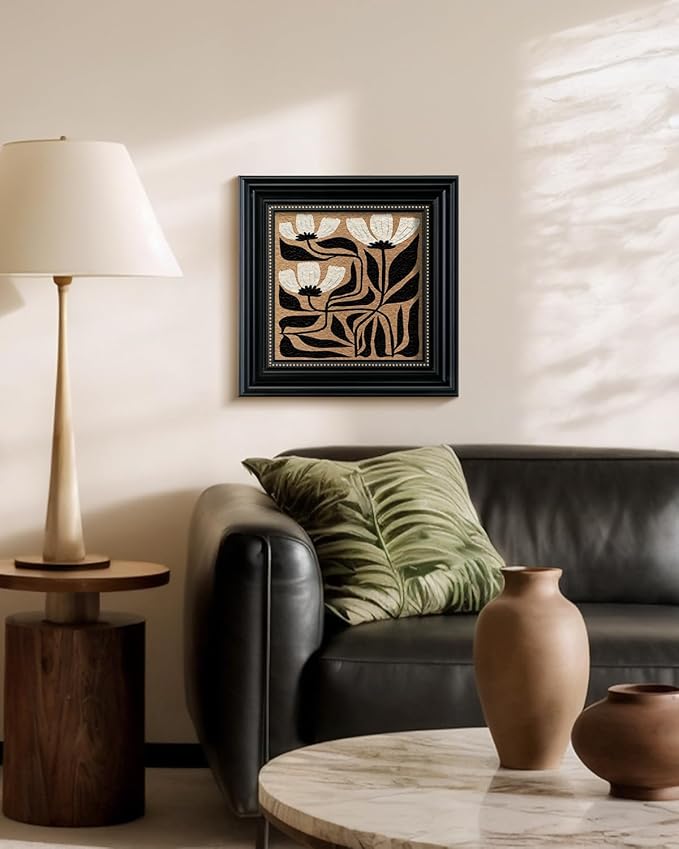Framed 3D Textured Vintage Floral Wall Art 16x16” Abstract Flower Painting, Sandstone Finish Botanical Print, Minimalist Black White Geometric Design, Bedroom Office Gallery Decor