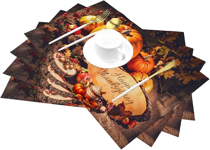 PVC Placemats Set of 6 Wipeable Table Mats Washable Heat Resistant Non Slip Vinyl Dining Table Mat for Kitchen Indoor Outdoor Patio Farmhouse Place Mats Thanksgiving Pumpkin Decorate Decorative