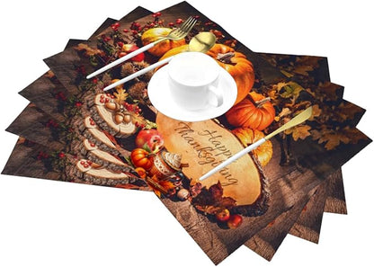 PVC Placemats Set of 6 Wipeable Table Mats Washable Heat Resistant Non Slip Vinyl Dining Table Mat for Kitchen Indoor Outdoor Patio Farmhouse Place Mats Thanksgiving Pumpkin Decorate Decorative