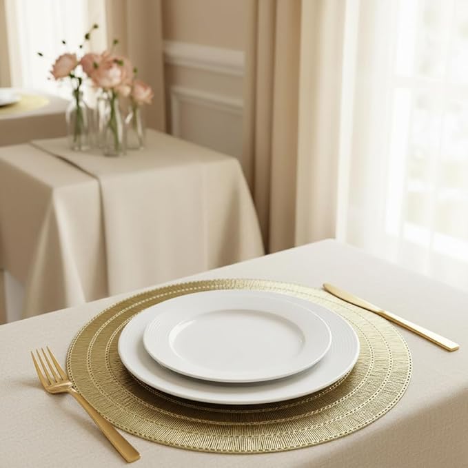 Gold Placemats Set of 6-15 Inch Round PVC Table Mats, Heat-Resistant & Waterproof Washable Place Mats for Dining Table, Elegant Metallic Decor for Holiday Dinner Party Decorations