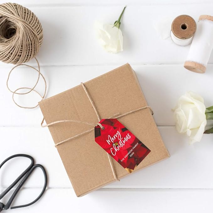 Andaz Press Personalized Christmas Holiday Season Classic Gift Tags, Merry Christmas Custom Family Name and Year, Poinsettia Design, for Holiday Events, Parties, and Favors, 60-Pack