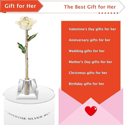 AliveRose Gold White Rose,24k Gold Real Rose Gift for her, Long Stem Rose Made from Real Gold Rose for Anniversary Valentines Mothers Day Birthday (Pearl White with Crystal Vase)