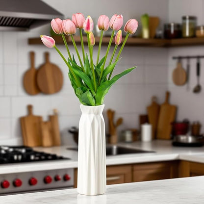 10 Pack Real Touch Tulips Artificial Flowers, 15.7 Inch Bendable Latex Tulips - No Maintenance Faux Flowers for Vase, Home Decor, Wedding Centerpiece (Pink)