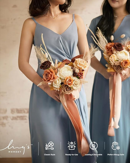Ling's moment Artificial Flowers Boho Bridesmaid Bouquet Set of 4, Rust Wedding Flowers Bouquets for Bridesmaids, 7 Inch Bridal Bouquets for Bridesmaids, Wedding Decor, Ceremony, etc