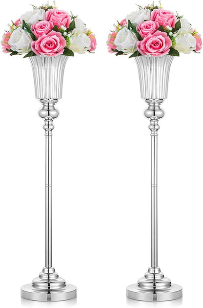 NUPTIO Flower Vase Centerpiece Wedding: 2 Pcs 26.7" Tall Silver Stand Metal Trumpet Vases for Wedding Party Table Decoartions
