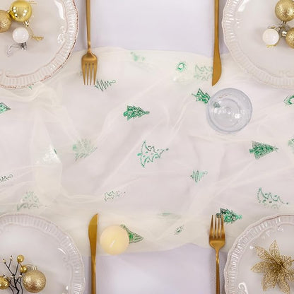 Socomi Christmas Tree Table Runner Gold Gauze Sheer Chiffon Cheesecloth Sequin 10FT Glitter Metallic Foil Dining Wedding Birthday Party Winter Holiday Centerpiece Table Decor Beige