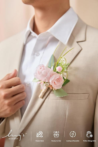 Ling's moment Boutonniere for Men, 6pcs Groom Groomsmen Boutonniere, Artificial Flowers for Wedding Decor/Prom/Homecoming, etc.Blush Pink