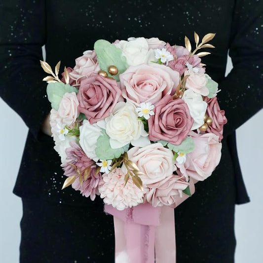 S_SSOY Wedding Bouquet Bride,Bride Bridal Bouquet Bridesmaid Artificial Flowers for Ceremony Anniversary Party Bridal Shower Decoration Wedding Bouquets (Bean Paste Pink)
