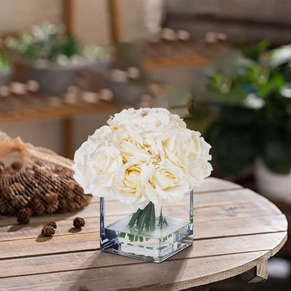 ENOVA FLORAL 18 Pieces Rose Artificial Flowers in Vase, Artificial Flowers Arrangements in Vase with Faux Water for Dining Table Decoration, Home Decor Indoor(Cream)