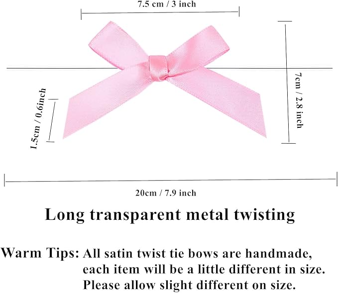 100 PCS 3 Inch Pink Twist Bows for Treat Bags, Satin Twist Tie Bows, Pre Tied Bows with Wire, Ribbon Bows with Twist Ties, Bow Ties for Gift Bags, Popcorn Bags, Cookie Bags, Party Favors