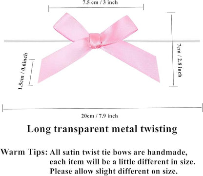 100 PCS 3 Inch Pink Twist Bows for Treat Bags, Satin Twist Tie Bows, Pre Tied Bows with Wire, Ribbon Bows with Twist Ties, Bow Ties for Gift Bags, Popcorn Bags, Cookie Bags, Party Favors