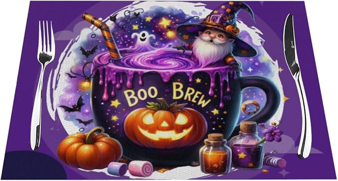 PVC Placemats Set of 6 Wipeable Table Mats Washable Heat Resistant Non Slip Vinyl Dining Table Mat for Kitchen Indoor Outdoor Patio Farmhouse Place Mats Purple Halloween Magic Cauldron Decorative