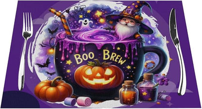 PVC Placemats Set of 6 Wipeable Table Mats Washable Heat Resistant Non Slip Vinyl Dining Table Mat for Kitchen Indoor Outdoor Patio Farmhouse Place Mats Purple Halloween Magic Cauldron Decorative