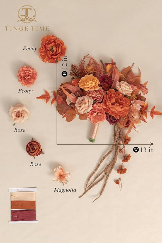 TINGE TIME 13 inch Maple Red Wedding Bouquets for Bride, Bridal Bouquet for Bride, Artificial Silk Rose for Graduation Bouquet, Fake Flowers for Fall Wedding Ceremony and Anniversary