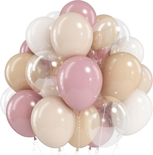 Blush Pink Balloons 60 Pcs 12 Inch Dusty Pink White Sand Latex Balloon Retro Pink Nude Cream Clear Balloons for Bridal Baby Girls Shower Boho Bachelorette Birthday Wedding Party Decorations