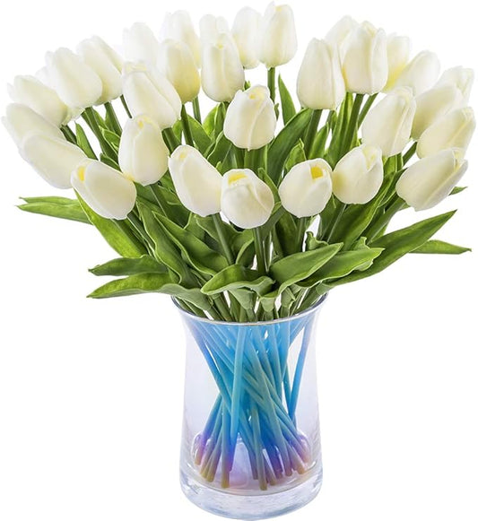 30pcs Artificial Tulips Flowers Real Touch Tulips Fake Holland PU Tulip Bouquet Latex Flower White Tulip for Wedding Party Office Home Kitchen Decoration (Milk White)