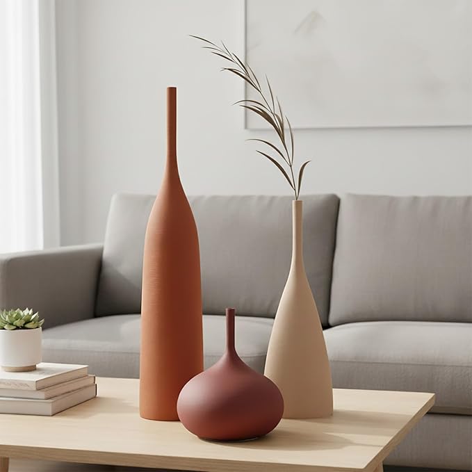 Ceramic Vases Set of 3, Modern Boho Vases for Centerpiece Decor, Matte Minimalist Decorative Vases for Home Decor, Living Room, Bookshelf, and Entryway Table Decor (Multicolor-1)