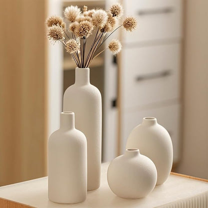 Modern Ceramic Vase Set, White Colors, Decorative Vases for Home Decor, 4 Piece Collection (White)