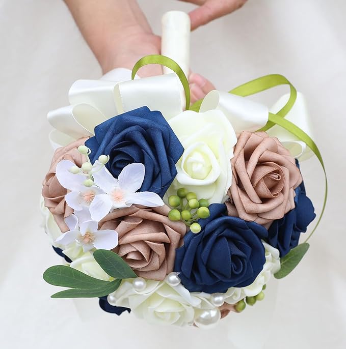 Lightweight Bridal Wedding Bouquet Round Holding Bouquet Throw Toss Artificial Rose Flower Bunch for Bride Bridesmaid Wedding Quinceanera (Cream, Navy & Rosy Brown, 7.9")