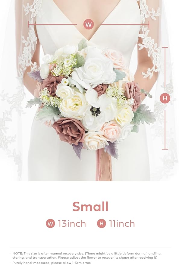 Ling's moment Dusty Rose Bridal Bouquet for Bride, Blush Pink Wedding Bouquets for Bride, 13 Inch Silk Round Artificial Wedding Flowers Bouquets