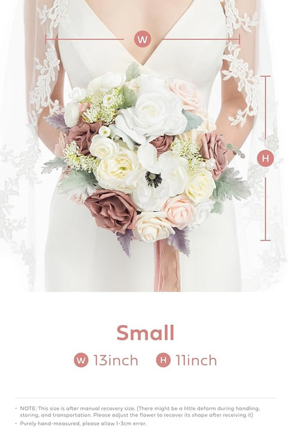 Ling's moment Dusty Rose Bridal Bouquet for Bride, Blush Pink Wedding Bouquets for Bride, 13 Inch Silk Round Artificial Wedding Flowers Bouquets