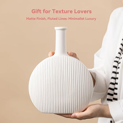 White Ceramic Vase with Vertical Fluted Texture - 9.8" Unique Flower Vase for Pampas Grass & Centerpieces, Decorative Boho/Farmhouse Vase for Living Room, Office Desk & Gift for Her/Yourself