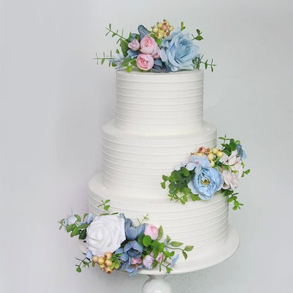 Rinlong 3Pcs Baby Blue Pink Cake Topper Pre-made Cake Decorations Pastel Blush Wedding Cake Decorating Flowers Cake Decor for Baptism Girl Women Birthday Party