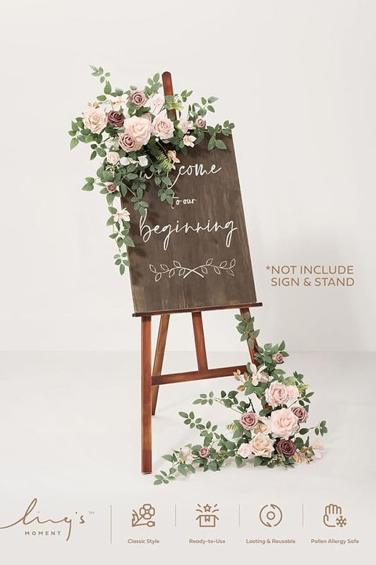 Ling's Moment Wedding Artificial Welcome Sign Flowers Swag Arch Floral Garland Decorations Dusty Rose Cream Ceremony Reception Entrance Entryway Party Banquets Easel Wall Home Outdoor(NOT Include Sign