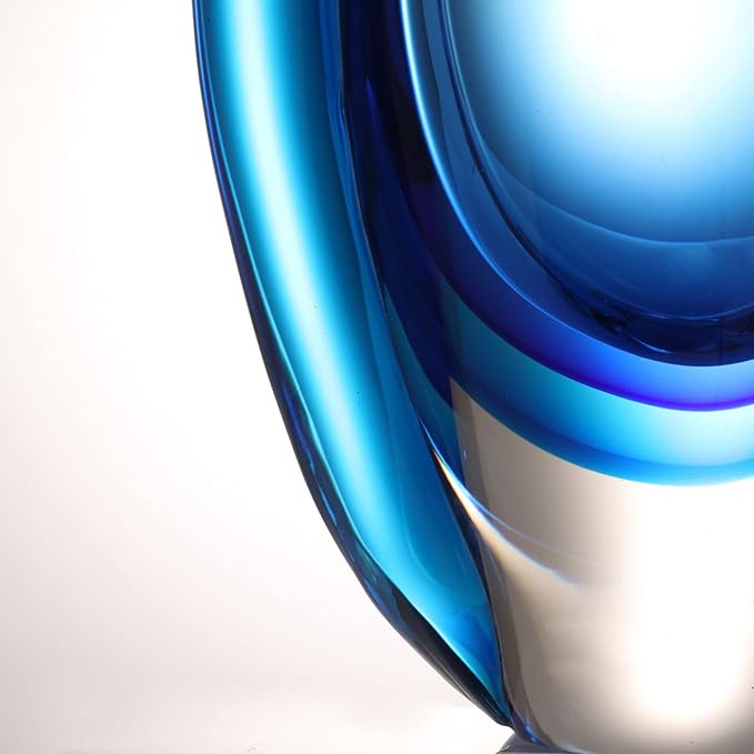 Luxury Lane Hand Blown Sommerso Oval Art Glass Vase for Decor Centerpiece Table Decoration Blue 8.5 inch Tall