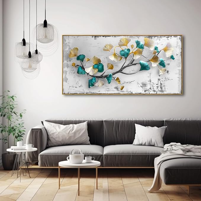 Wall Art Ginkgo Leaf Modern Botanical Artwork Canvas Painting for Living Room Bedroom Dining Room Home Office Decor 24"x48" with Framed