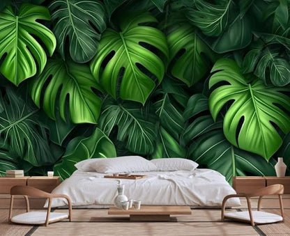 Tropical Green Leaves Background Mural, Large Wall Background Wallpaper, Decorate The Bedroom, Bathroom, Living Room Walls(Non-self-Adhesive)