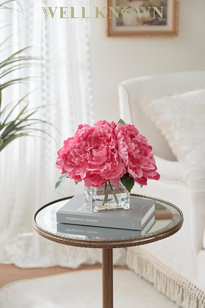 Artificial Peonies Flowers Arrangements in Cube Glass Vase, WELLKNOWN Silk Flower Centerpieces for Dining Room Table, Coffee Table Decor, Faux Peony Flowers with Faux Water (Fuchsia)