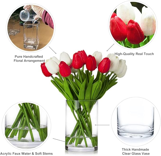 ENOVA FLORAL 20 Heads Real Touch Artificial Tulips Flowers with Vase, Mixed White and Red Tulips Flower Arrangements with Vase for Home Wedding Decor, Dining Table Centerpieces (White Red)
