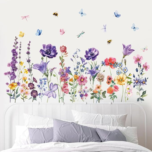 Colorful Wildflower Wall Stickers Spring Flower Butterflies Dragonflies Floral Botanical Wall Decals Peel and Stick Wall Art Stickers for Baby Nursery Girls Bedroom Kids Room Wall Decor