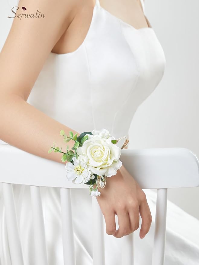 Serwalin 6 PCS Ivory Rose Wrist Corsages for Wedding, Corsages for Prom Homecoming Party Corsage Hand Decor for Bride Bridesmaids, Mother of Bride and Groom
