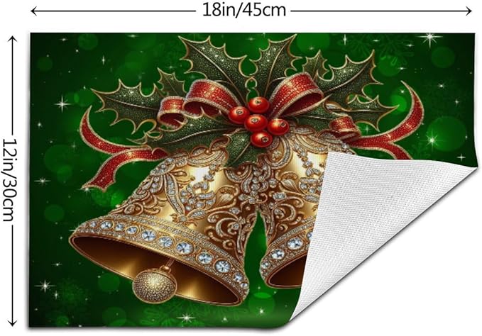 PVC Placemats Set of 1 Wipeable Table Mats Washable Heat Resistant Non Slip Vinyl Dining Table Mat for Kitchen Indoor Outdoor Patio Farmhouse Place Mats Green Christmas Bell Decorative