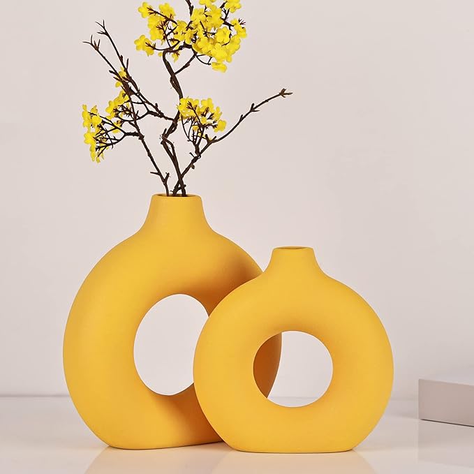 Yellow Vase Decor Donut Vase Set of 2 - Circle Hollow Vases, Modern Matte Ceramic Vases for Entryway Living Room Bedroom Dining Table Centerpiece Office Home Decor