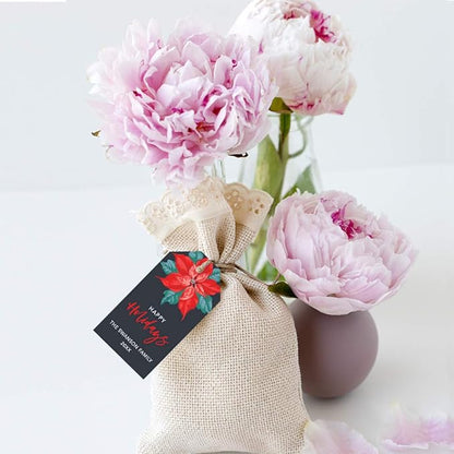 Andaz Press Personalized Christmas Holiday Season Classic Gift Tags, Happy Holidays Custom Family Name and Year, Christmas Poinsettia Design, for Holiday Events, Parties, and Favors, 60-Pack