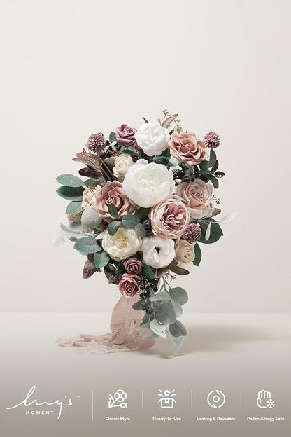 Ling's moment Wedding Artificial Flowers Package, Bridal Bouquet, Bridesmaid Bouquets, Boutonniere for Men, Rose Petals.Dusty Rose Muave