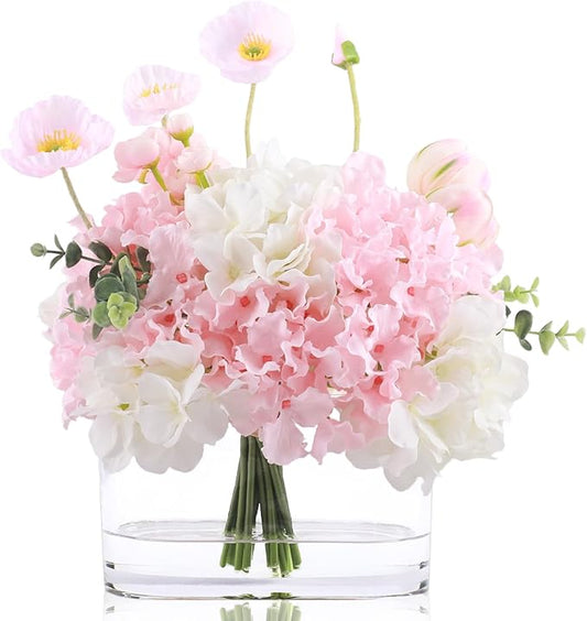WELL KNOWN Artificial Flowers in Vase, Fake Hydrangea Tulip Flowers Bouquet with Big Glass Vase for Home Office Wedding Party Decor for Dining Table Centerpiece Housewarming Mom's Gift (Pink White)