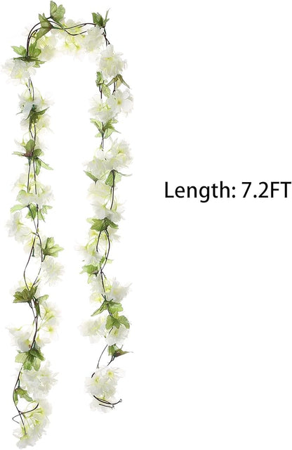 2Pcs Artificial Cherry Blossom Flower Garland Silk Fake Hanging Flower Vines for Home Wedding Decoration 7.2FT, White