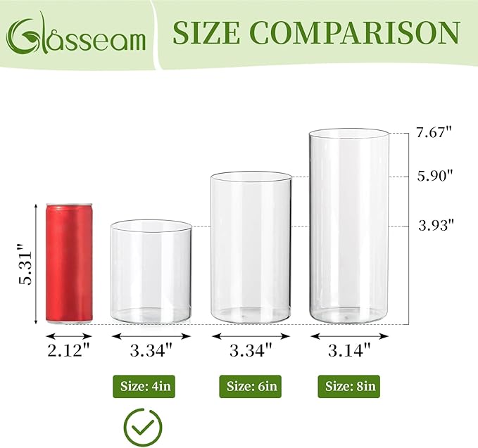 Glasseam Cylinder Vases for Centerpieces, Set of 6 Clear Glass Vases for Flowers, Modern Small Floating Candle Vase Decor, Decorative Hurricane Candle Holders for Home Wedding Table Decorations, 4in
