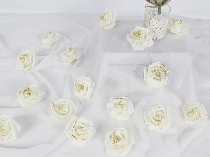 Gold Glitter Ivory Roses 100pcs Stemless Foam Flowers Artificial Real Looking for Craft Centerpiece Table Decorations Wedding Decor