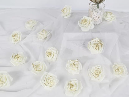 Gold Glitter Ivory Roses 100pcs Stemless Foam Flowers Artificial Real Looking for Craft Centerpiece Table Decorations Wedding Decor