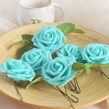 homEdge Artificial Rose, 25pcs Foam Artificial Flowers with Stem for Home Decorations, Wedding Bouquets, Party, Certerpieces, Anniversaries-Light Blue