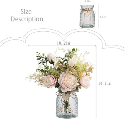 Silk Rose Flowers in Vase, Artificial Flowers Arrangement with Glass Vase Faux Rose for Decoration Table Centerpiece (Pink Rose)
