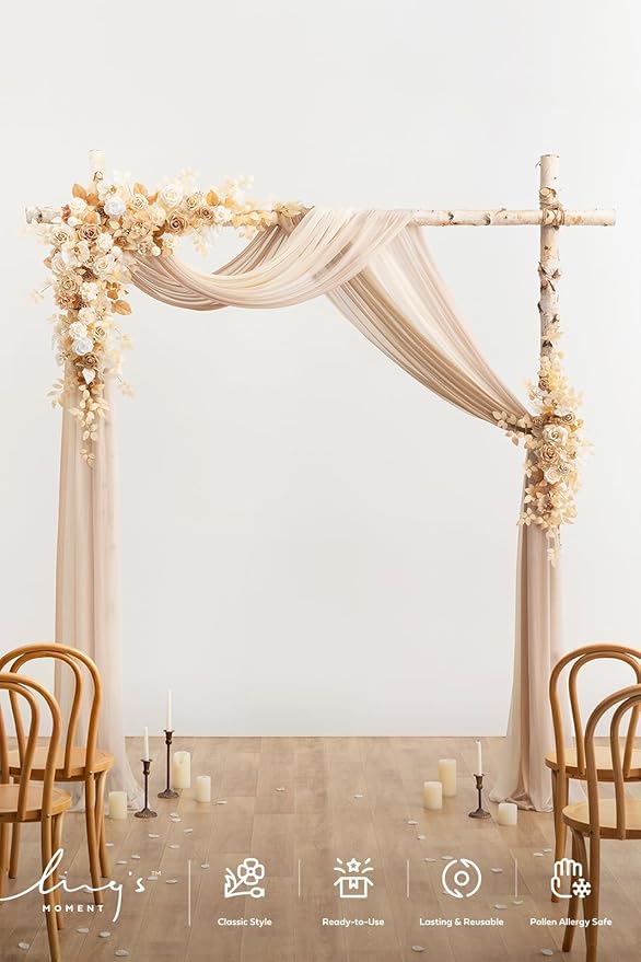 Ling's moment Wedding Arch Flowers with Drapes Kit-Pack of 5, 2pcs Flower Arrangements 3pcs Sheer Hanging Drapes White Ceremony Arbor Backdrop Artificial Rose Floral Decorations, Sand Beige