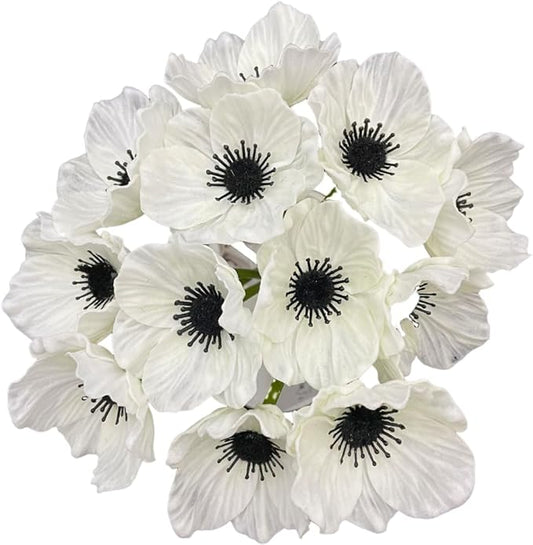 14Pcs Real Touch Anemone Poppy Bouquet for Artificial Flower Decor Kitchen Table Centerpiece Vase Home Greenery Wedding Holding Flowers Backdrop Arch Wall (White)